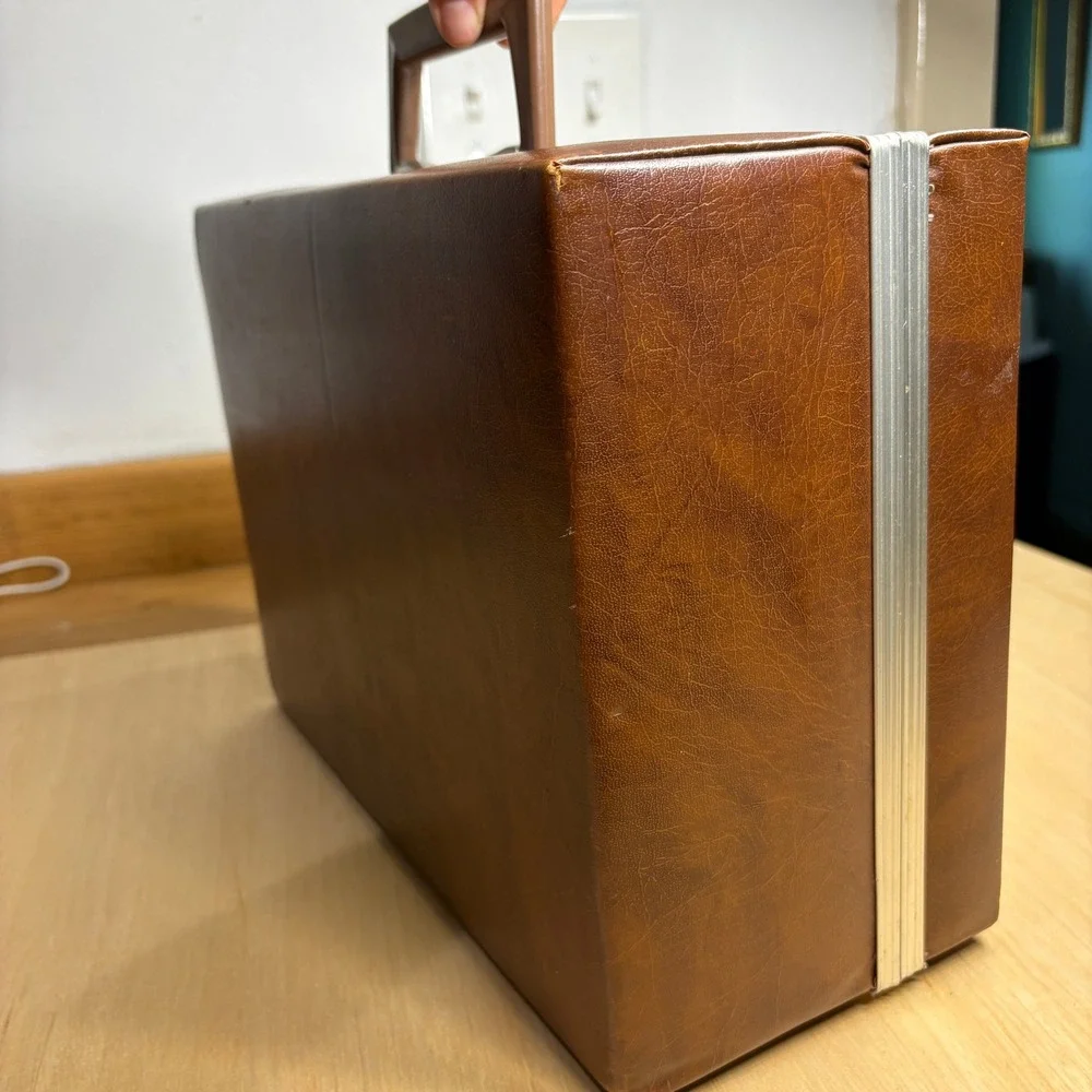 Vintage Brown Faux Leather Hard Shell Carrying Case Mid Century Travel Latch Box